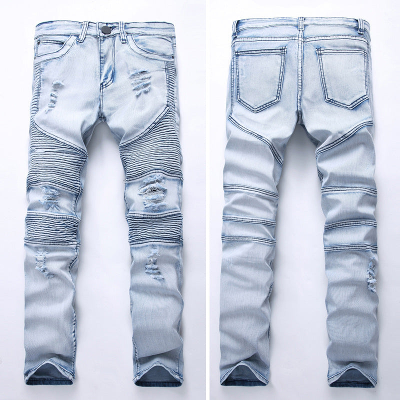 Ripped Motorcycle Pleated Jeans European And American Slim Fit Stretch Feet Pants