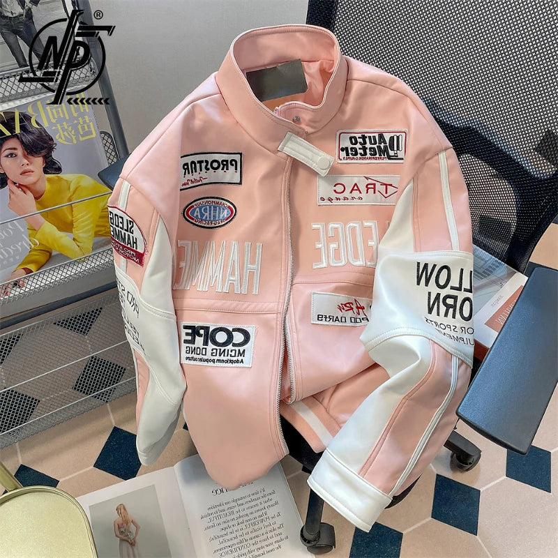 Unisex Pink Motorcycle Leather Jacket with Hip Hop Letter Embroidery and American Baseball Uniform Style.