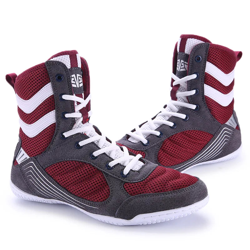 High Top Breathable Boxing Shoes Men Women Professional Wrestling Sneakers Light Weight Grey Red Athletic Sneakers