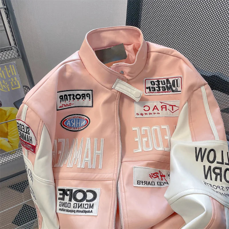 Unisex Pink Motorcycle Leather Jacket with Hip Hop Letter Embroidery and American Baseball Uniform Style.